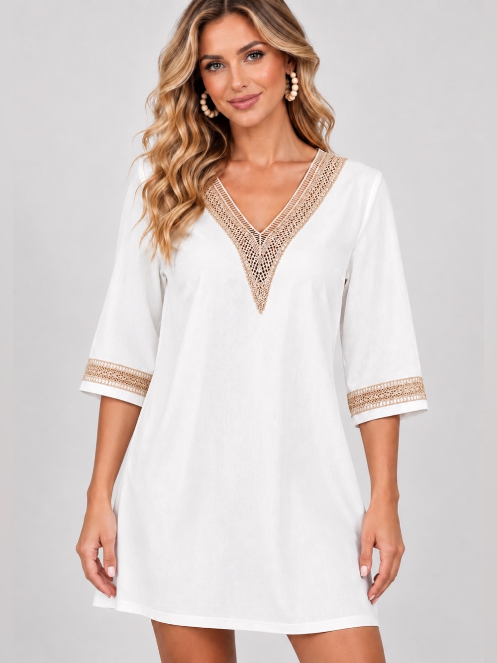 Noracora Women Size S
Cotton Shift Dress Mid Sleeve
Cream Embroidered Lace
Neck